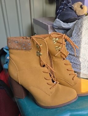 XOXO Mustard Tan Lace-Up Block Heel Ankle Boots with Embellished Cuff